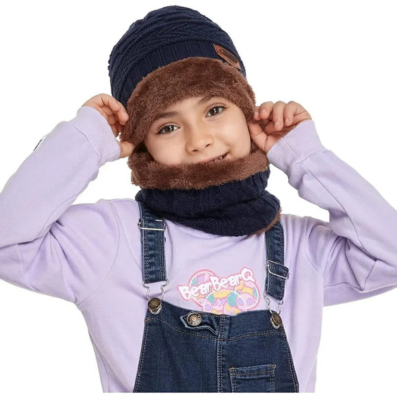 Kids Boys Girls Winter Warm Knit  Beanie Hat Cap Neck Scarf Set with Fleece - Picture 5 of 6